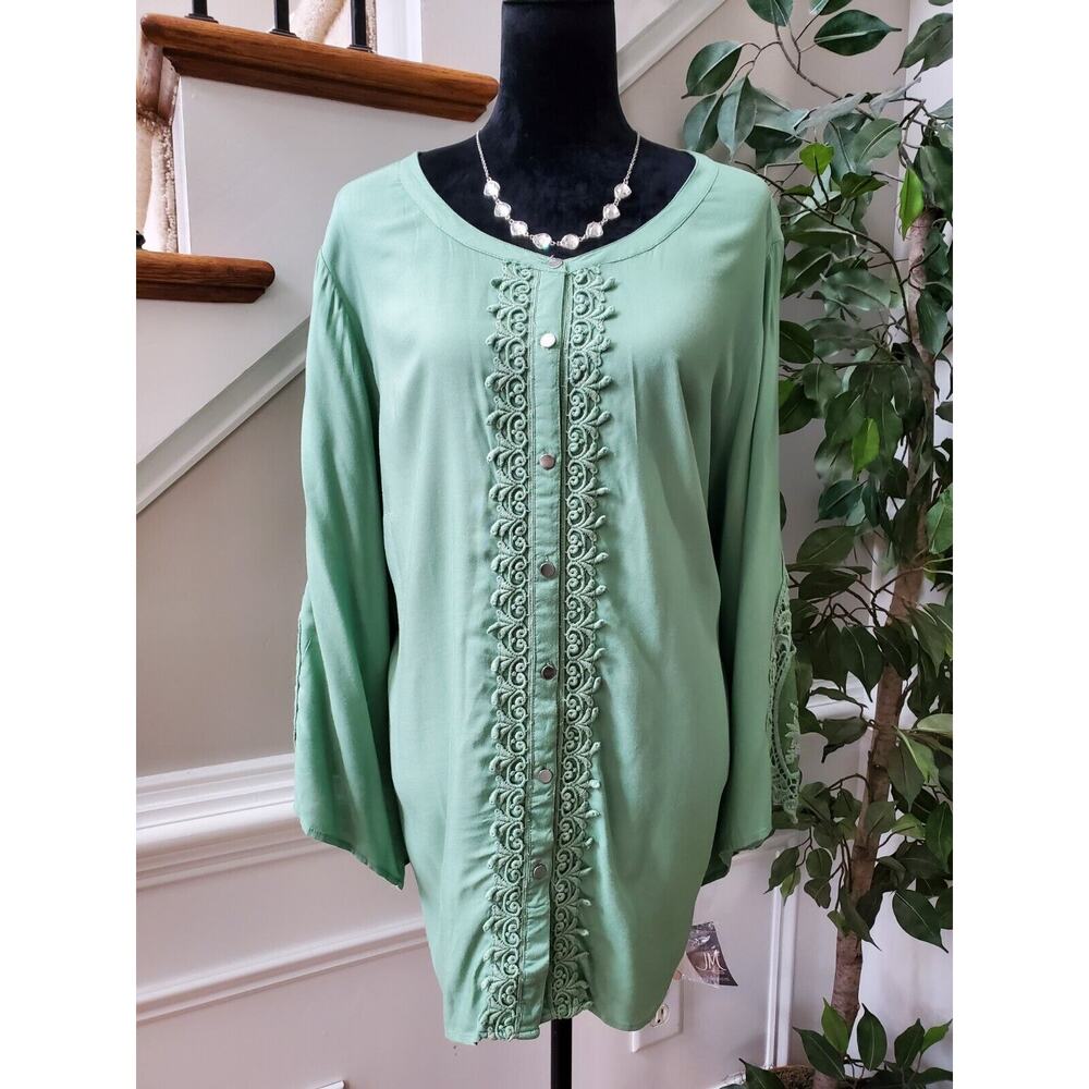 JM Collection Women's Green Rayon Round Neck Long Sleeve Top Blouse Size 3X